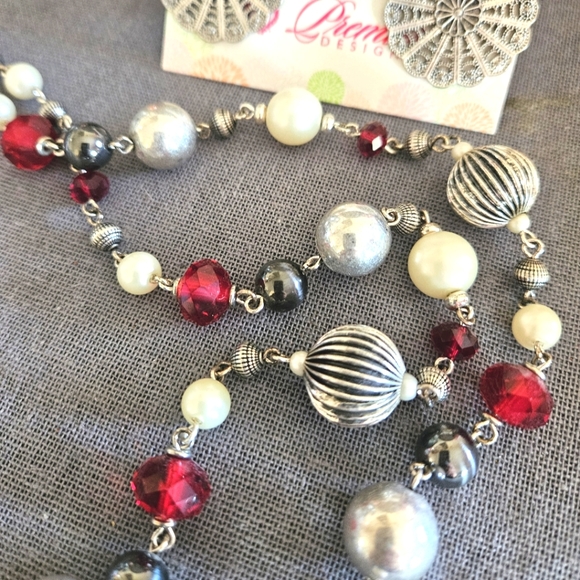 Premier Designs long necklace & fishhook earrings antiqued silver red pearl new - Picture 4 of 14